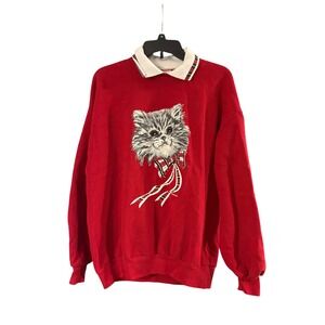 Vintage Gopher Sport Red Cat Plaid Bow Double Collar Sweatshirt Womens XL 90s